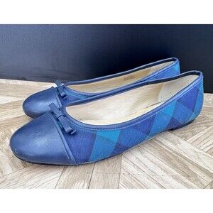 Talbots blair ballet flats indigo blue multi plaid women's sz 9.5 M leather sole